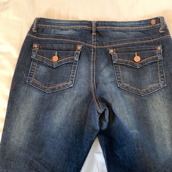 Jeans, blue wash denim, low rise, straight leg, flat pockets on back, size 13. - Picture 7 of 8